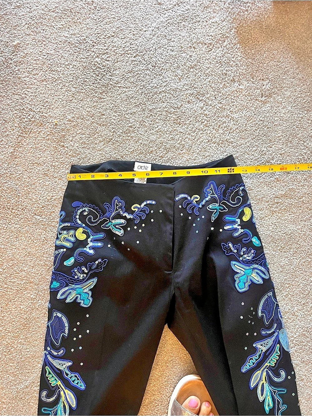Cache Embroidered Straight Leg Pants in Black & Blue Size 0 - Picture 5 of 10
